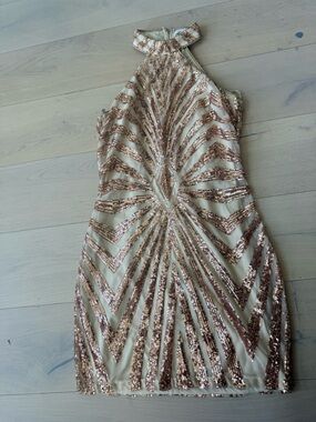 Nude & Rose Gold Sequin Halter Sheath Dress